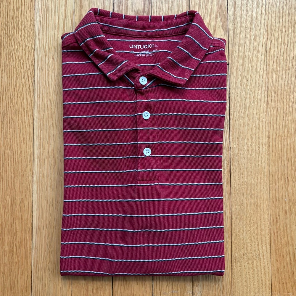 UNTUCKit Men’s Short Sleeve Polo Shirt Large 100% Cotton Red Blue White Stripes